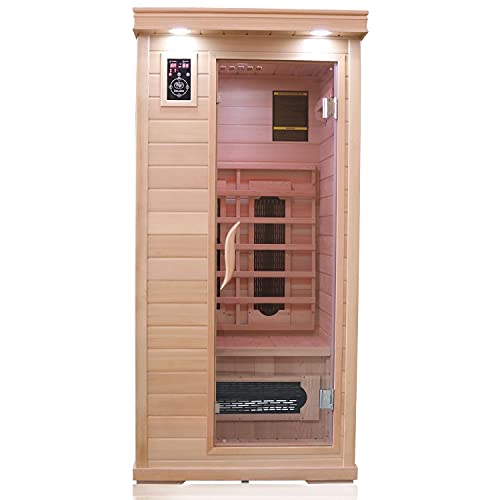 Dewello Infrarotkabine Infrarotsauna Windsor 90cm x 90cm für 1-2 Personen aus Hemlock Holz mit Keramikstrahler,...