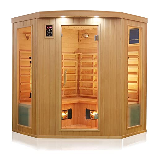 Dewello Infrarotkabine Infrarotsauna Haley 160x160 für 2-4 Personen aus Hemlock Holz mit Vollspektumstrahler,...