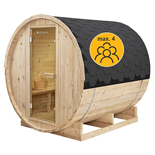 Artsauna Outdoor Fasssauna L für 4 Personen Ø 180x180 cm, 6 kW Ofen, Saunasteine & Zubehör - Saunafass aus...